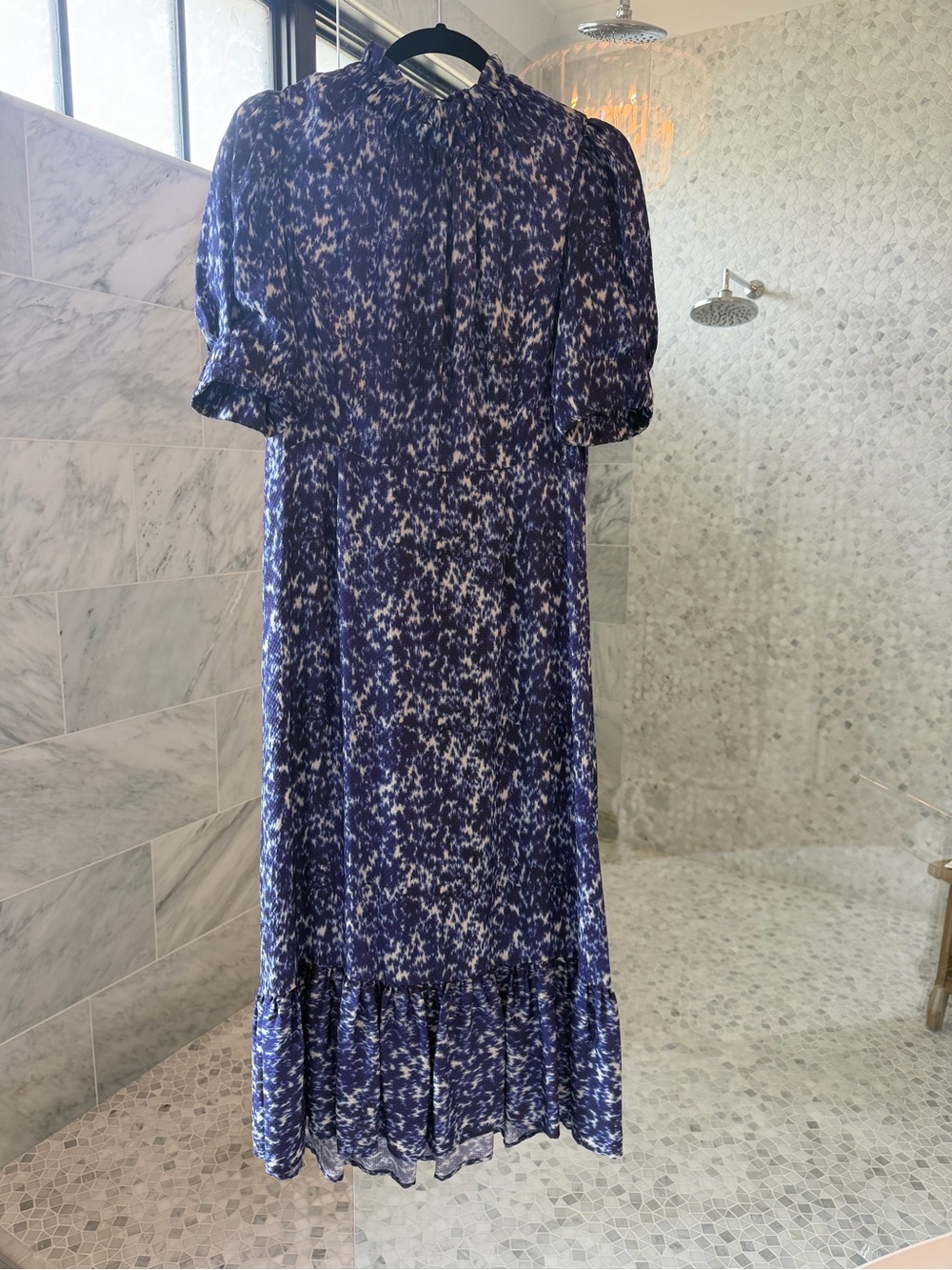 Sea New York Navy Blue Printed Silk Midi Dress - Elegant Puff Sleeve Design